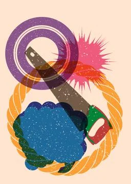 Risograph Hand Saw with speech bubble with geometric shapes. Objects in tre.. Illustrazione stock