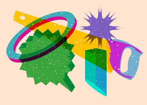 Risograph Hand Saw with speech bubble with geometric shapes. Objects in tre.. Stock Illustration