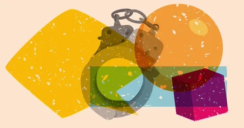 Risograph Handcuffs and speech bubble with geometric elements animation Stock Footage 305613673