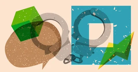 Risograph Handcuffs and speech bubble with geometric elements Stock Footage 305613905