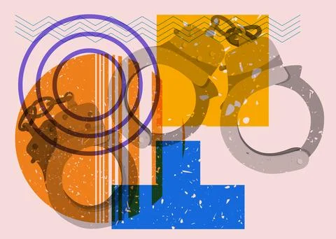 Risograph Handcuffs with geometric shapes. Objects in trendy riso graph pri.. Stock Illustration