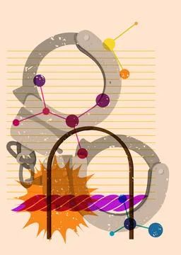 Risograph Handcuffs with geometric shapes. Objects in trendy riso graph pri.. Stock Illustration