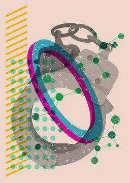Risograph Handcuffs with geometric shapes. Objects in trendy riso graph pri.. Stock Illustration
