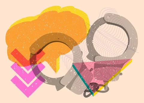 Risograph Handcuffs with speech bubble with geometric shapes. Objects in tr.. Иллюстрация