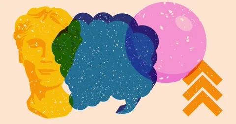 Risograph Head Statue and speech bubble with geometric elements Stock Footage 297824524