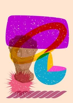 Risograph Head Statue with speech bubble with geometric shapes. Objects in .. Stock Illustration