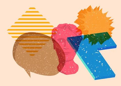Risograph Head Statue with speech bubble with geometric shapes. Objects in .. Stock Illustration