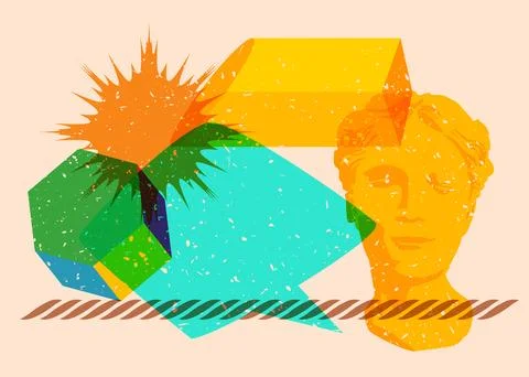 Risograph Head Statue with speech bubble with geometric shapes. Objects in .. Stock Illustration