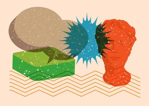 Risograph Head Statue with speech bubble with geometric shapes. Objects in .. Stock Illustration