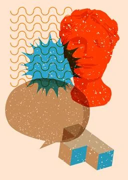 Risograph Head Statue with speech bubble with geometric shapes. Objects in .. Stock Illustration