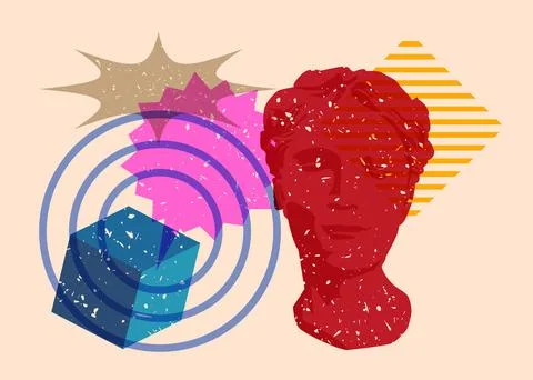 Risograph Head Statue with speech bubble with geometric shapes. Objects in .. Stock Illustration