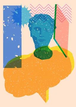 Risograph Head Statue with speech bubble with geometric shapes. Objects in .. Stock Illustration