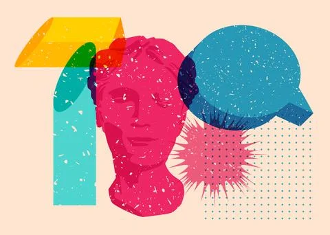 Risograph Head Statue with speech bubble with geometric shapes. Objects in .. Stock Illustration
