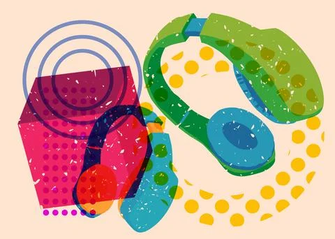 Risograph Headset with geometric shapes. Objects in trendy riso graph print.. Illustrazione stock