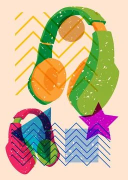 Risograph Headset with geometric shapes. Objects in trendy riso graph print.. Illustrazione stock