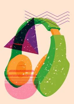 Risograph Headset with geometric shapes. Objects in trendy riso graph print.. Illustrazione stock