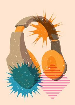 Risograph Headset with geometric shapes. Objects in trendy riso graph print.. Illustrazione stock