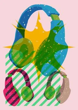 Risograph Headset with geometric shapes. Objects in trendy riso graph print.. Illustrazione stock