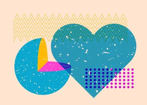 Risograph heart with geometric shapes. Objects in trendy riso graph print t.. Illustrazione stock