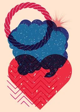 Risograph heart with speech bubble and geometric shapes. Objects in trendy .. Stock Illustration