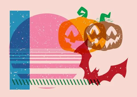 Risograph Jack O' Lantern and bat with geometric shapes. Halloween objects .. Illustrazione stock