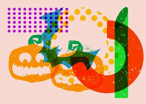 Risograph Jack O' Lantern and bat with geometric shapes. Halloween objects .. Illustrazione stock