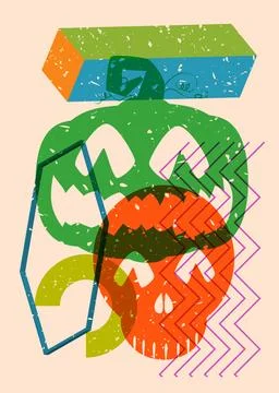 Risograph Jack O' Lantern and Skull with geometric shapes. Halloween Object.. Stock Illustration