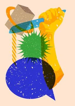 Risograph Kitchen Knife in hand with speech bubble and geometric shapes. Sc.. Stock Illustration