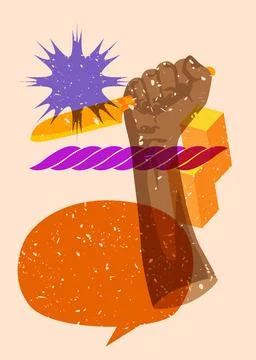 Risograph Kitchen Knife in hand with speech bubble and geometric shapes. Sc.. Stock Illustration