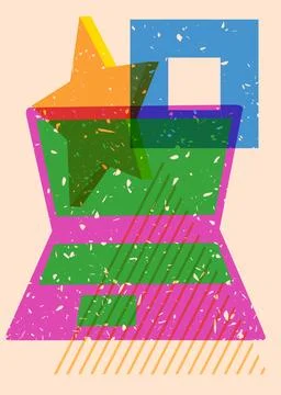 Risograph Laptop with geometric shapes. Objects in trendy riso graph print .. Illustrazione stock
