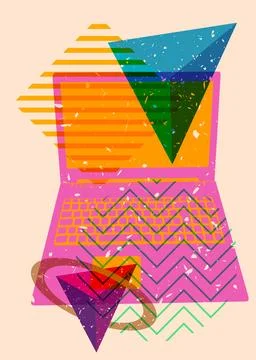 Risograph Laptop with geometric shapes. Objects in trendy riso graph print .. Stock Illustration