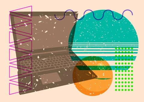 Risograph Laptop with geometric shapes. Objects in trendy riso graph print .. Illustrazione stock