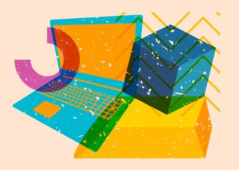 Risograph Laptop with geometric shapes. Objects in trendy riso graph print .. 스톡 일러스트