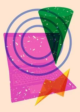 Risograph Laptop with geometric shapes. Objects in trendy riso graph print .. 스톡 일러스트