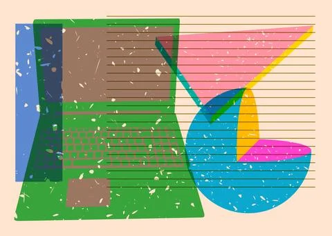 Risograph Laptop with geometric shapes. Objects in trendy riso graph print .. Illustrazione stock