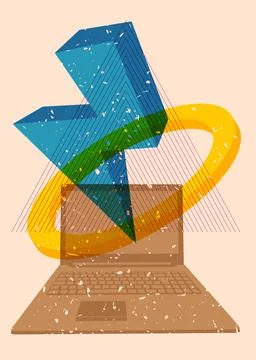 Risograph Laptop with geometric shapes. Objects in trendy riso graph print .. Stock Illustration