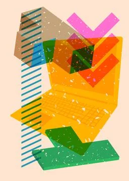 Risograph Laptop with geometric shapes. Objects in trendy riso graph print .. 스톡 일러스트