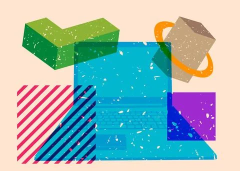 Risograph Laptop with geometric shapes. Objects in trendy riso graph print .. 스톡 일러스트
