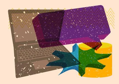 Risograph Laptop with speech bubble and geometric shapes. Objects in trendy.. 스톡 일러스트