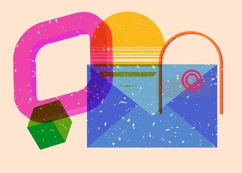 Risograph Mail letter envelope with geometric shapes. Newsletter in trendy .. Illustrazione stock