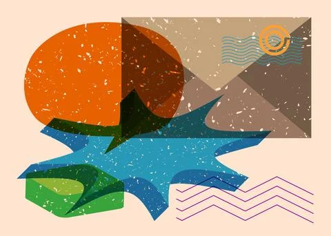 Risograph mail letter envelope with speech bubble with geometric shapes. Ob.. Stock Illustration
