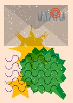 Risograph mail letter envelope with speech bubble with geometric shapes. Ob.. Illustrazione stock