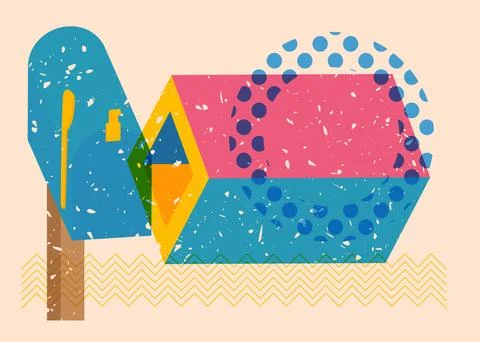 Risograph Mailbox with geometric shapes. Post and objects in trendy riso gr.. Illustrazione stock