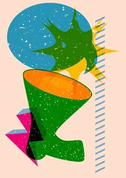 Risograph megaphone and speech bubble with geometric shapes. Object in tren.. Stock Illustration