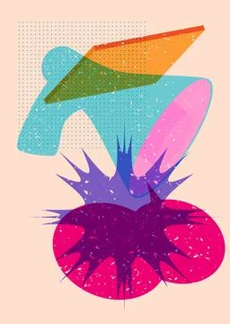 Risograph megaphone and speech bubble with geometric shapes. Object in tren.. Stock Illustration