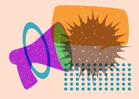 Risograph megaphone and speech bubble with geometric shapes. Object in tren.. Stock Illustration