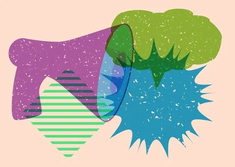 Risograph megaphone and speech bubble with geometric shapes. Object in tren.. Stock Illustration