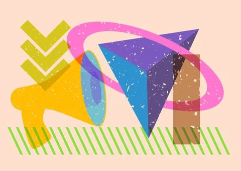 Risograph megaphone with geometric shapes. Object in trendy riso graph desi.. Stock Illustration