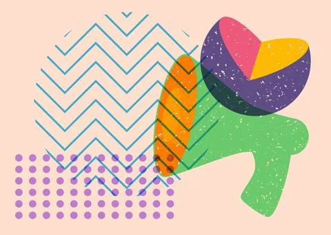 Risograph megaphone with geometric shapes. Object in trendy riso graph desi.. Stock Illustration