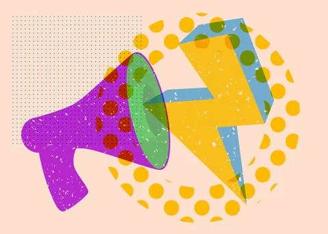 Risograph megaphone with geometric shapes. Object in trendy riso graph desi.. 库存插图